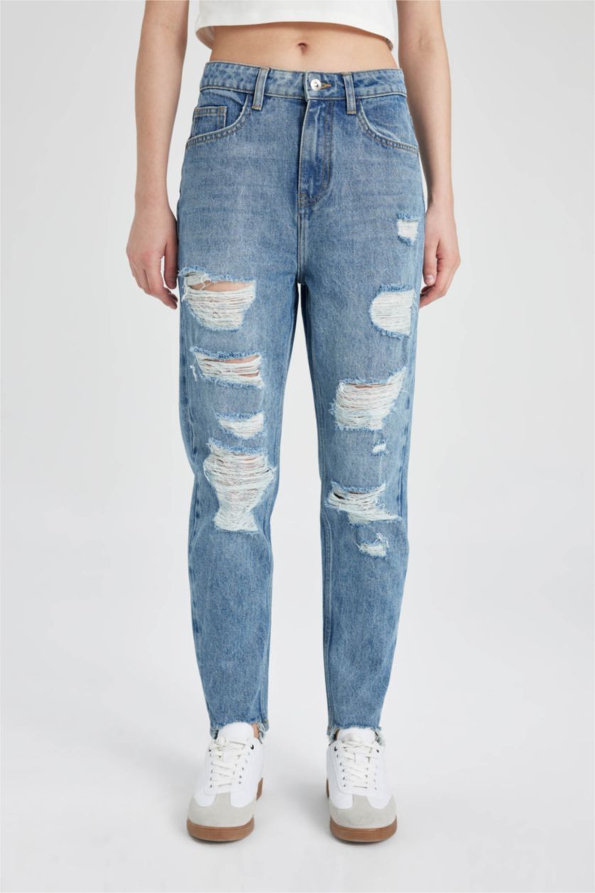 Әйелдерге Көк мом пішімі деним Шалбар