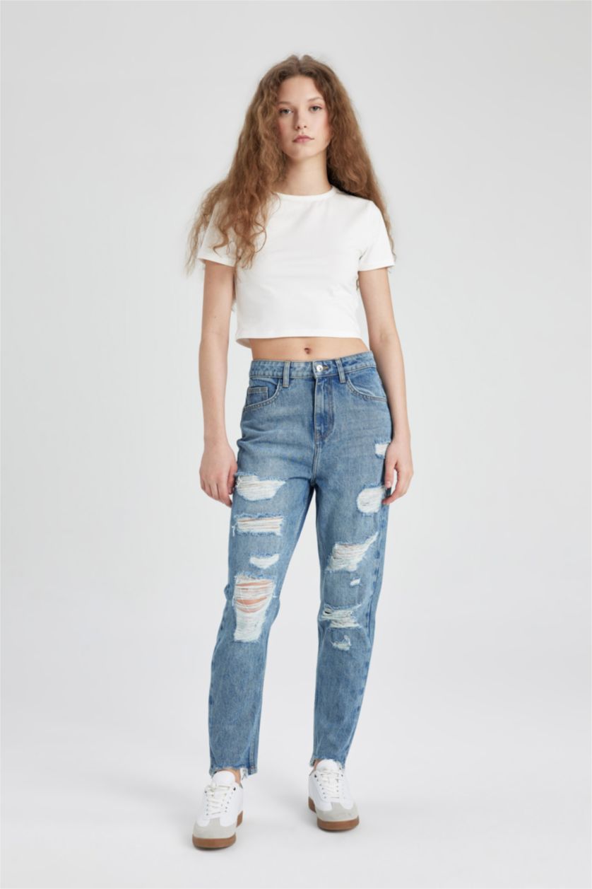 Әйелдерге Көк мом пішімі деним Шалбар