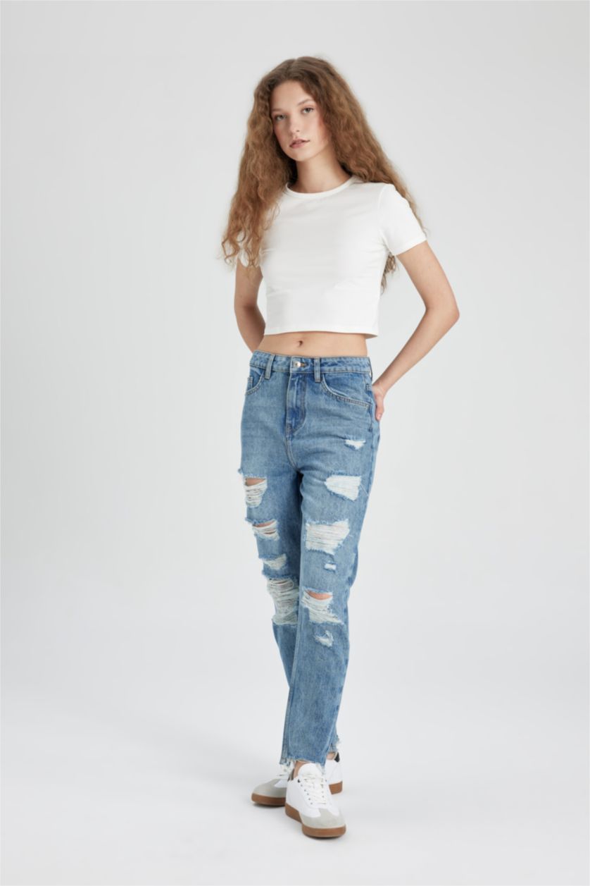 Әйелдерге Көк мом пішімі деним Шалбар