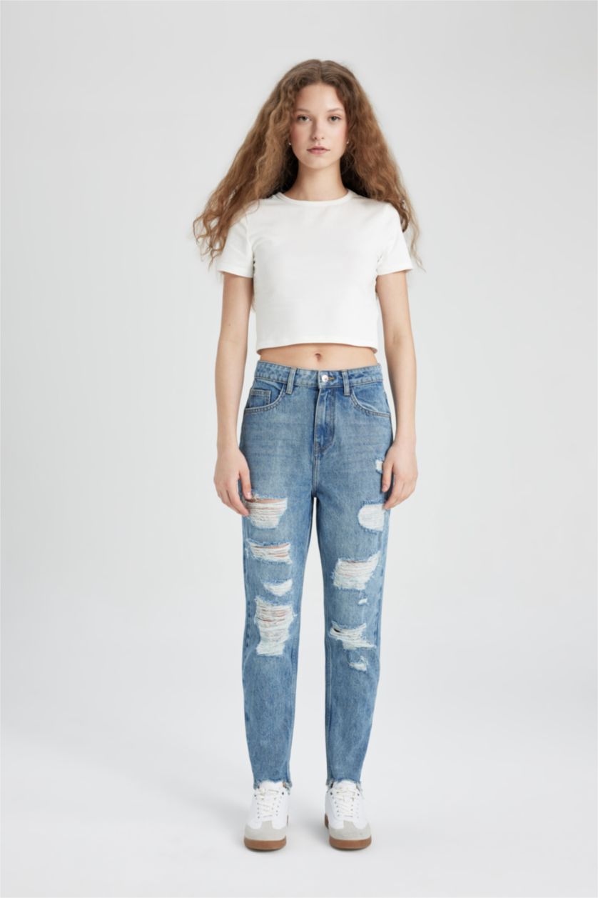 Әйелдерге Көк мом пішімі деним Шалбар