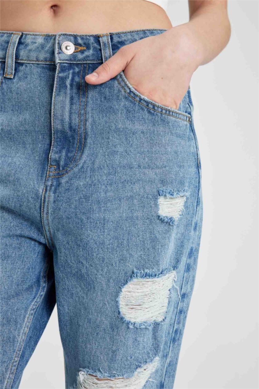 Әйелдерге Көк мом пішімі деним Шалбар