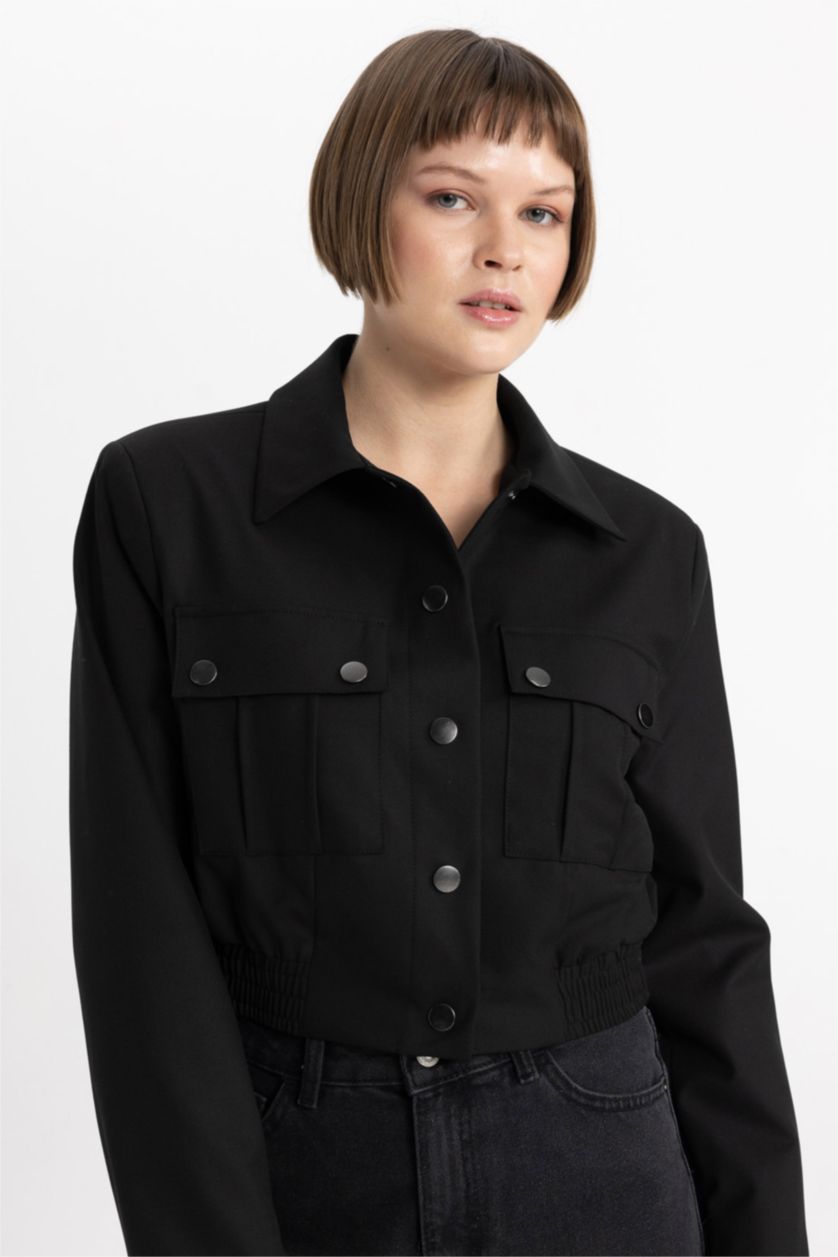 FEMME Noir Jacket Bomber basique à col chemise, avec poches à boutons-pression
