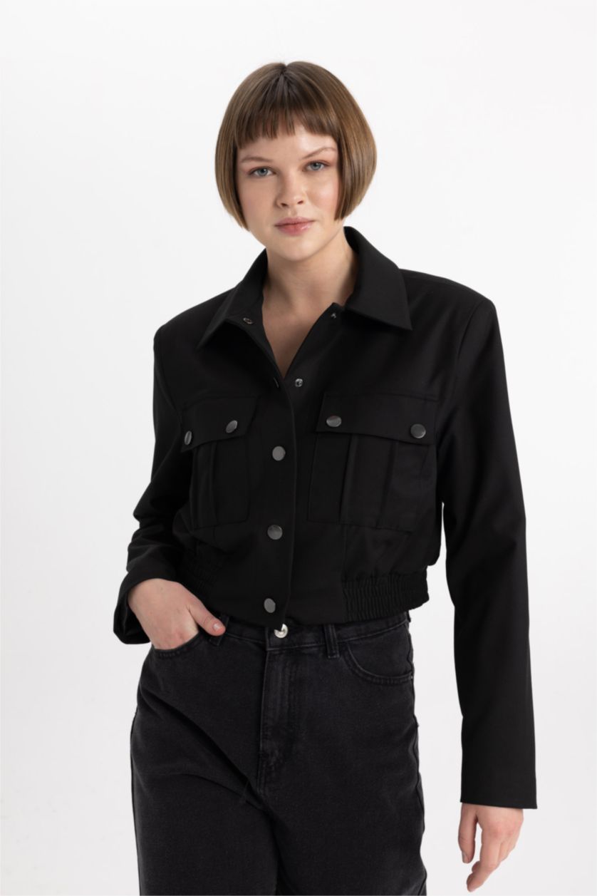 FEMME Noir Jacket Bomber basique à col chemise, avec poches à boutons-pression