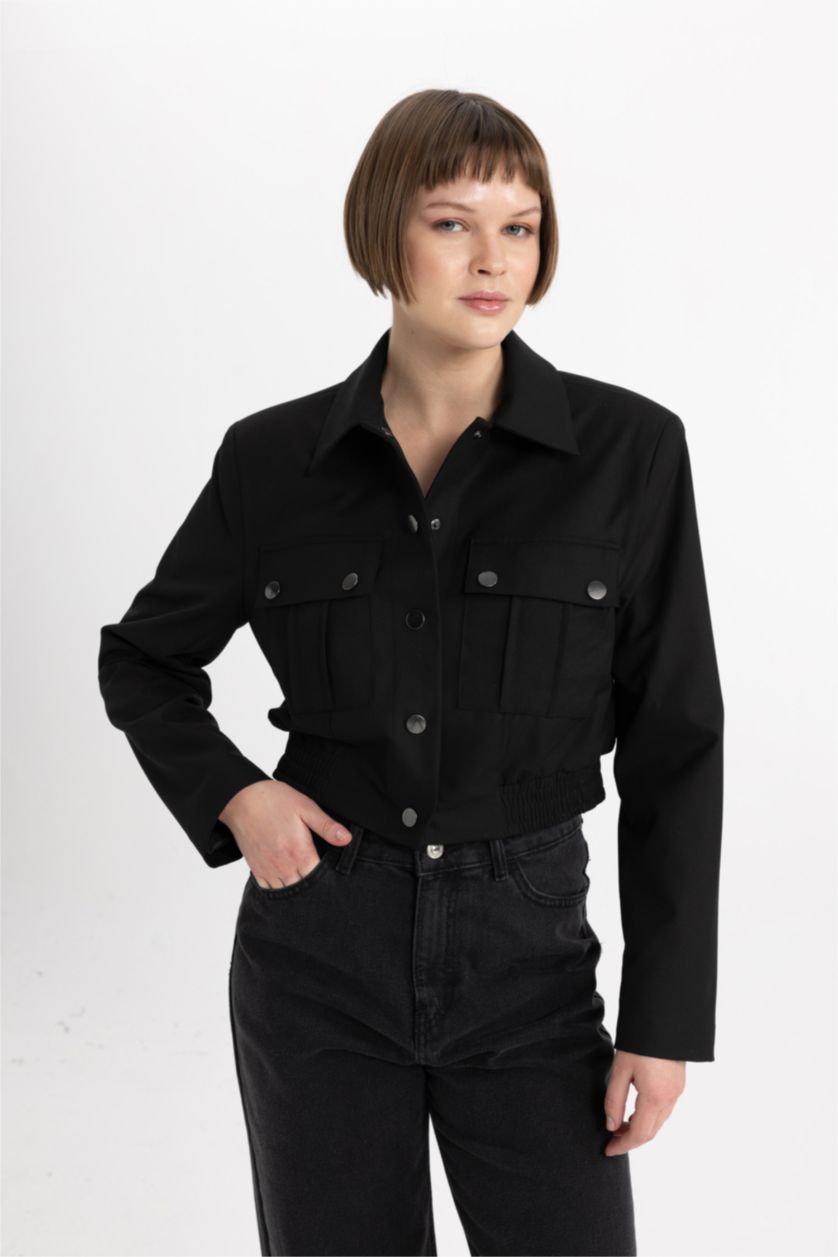 FEMME Noir Jacket Bomber basique à col chemise, avec poches à boutons-pression