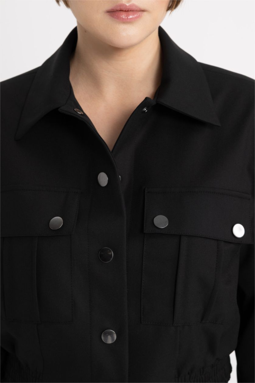 FEMME Noir Jacket Bomber basique à col chemise, avec poches à boutons-pression