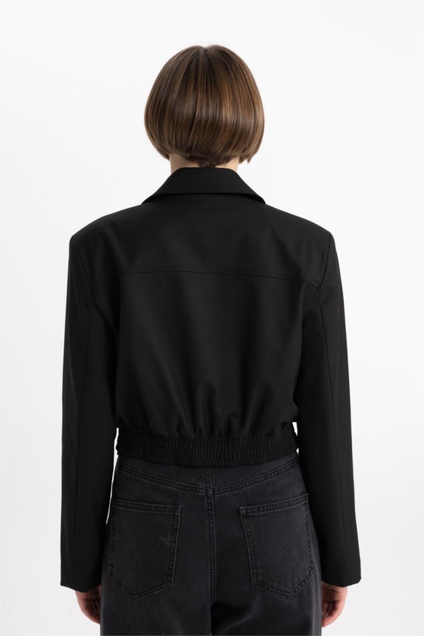 FEMME Noir Jacket Bomber basique à col chemise, avec poches à boutons-pression