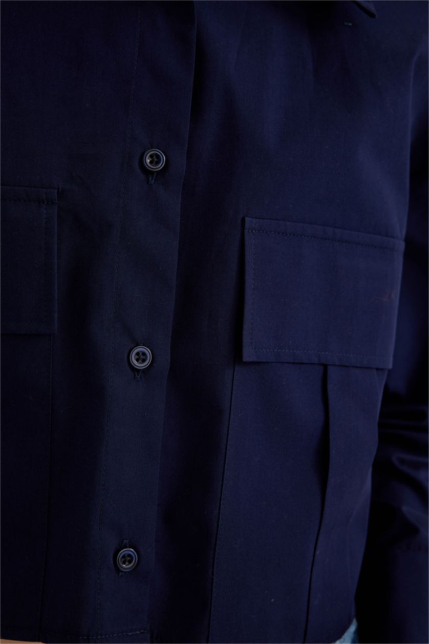 نساء كحلي قميص كروب سادة ردن طويل بوبلين