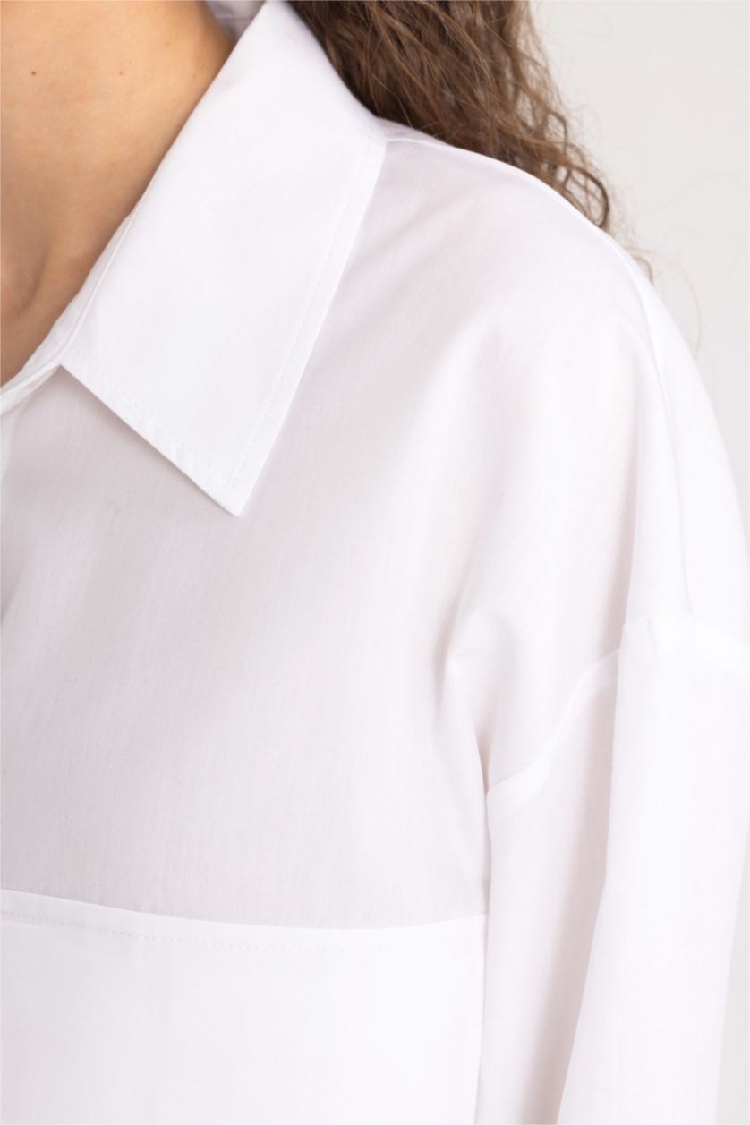 نساء أبيض قميص كروب سادة ردن طويل بوبلين