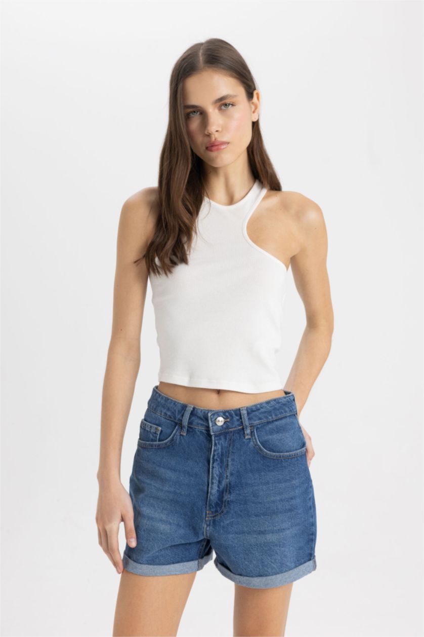 Woman Light Blue Mom Fit Denim High waist Shorts