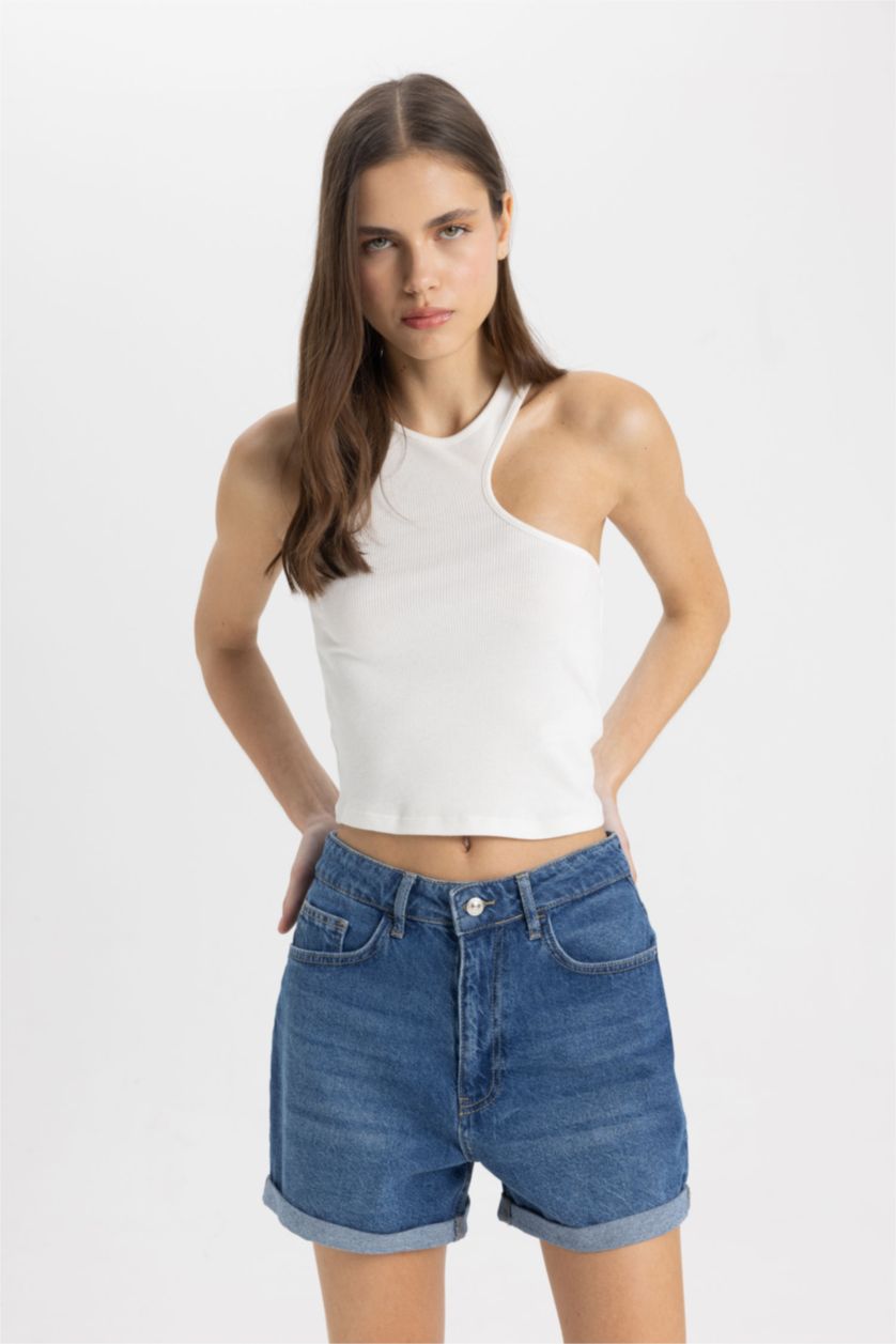 Woman Light Blue Mom Fit Denim High waist Shorts