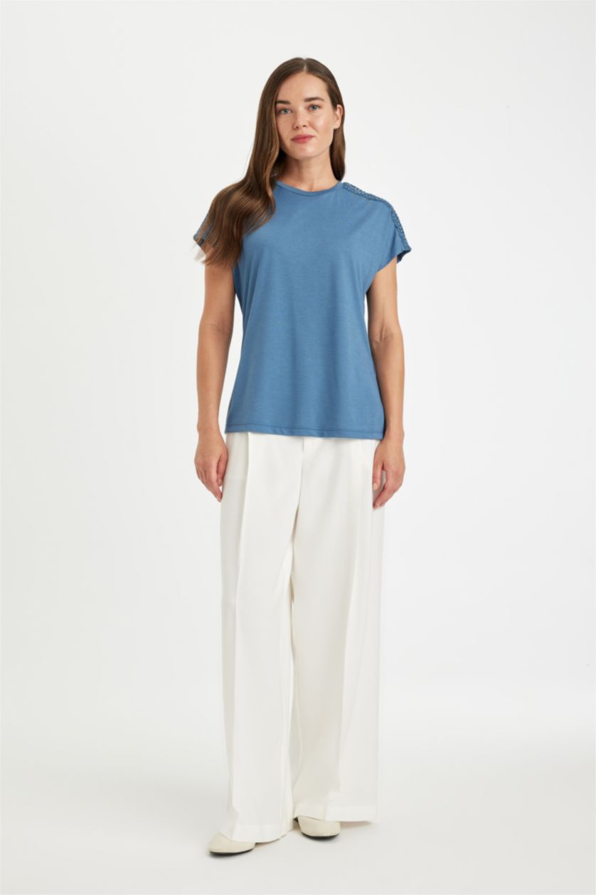 نساء أزرق تيشيرت نص كم ورقبة مستديرة