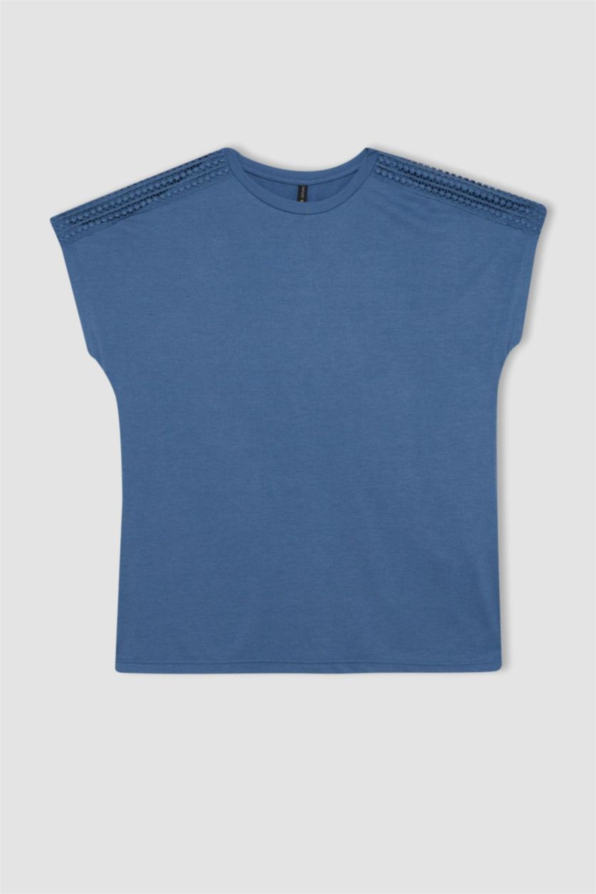 نساء أزرق تيشيرت نص كم ورقبة مستديرة