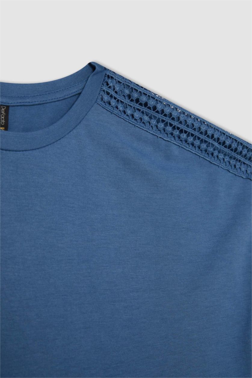 نساء أزرق تيشيرت نص كم ورقبة مستديرة