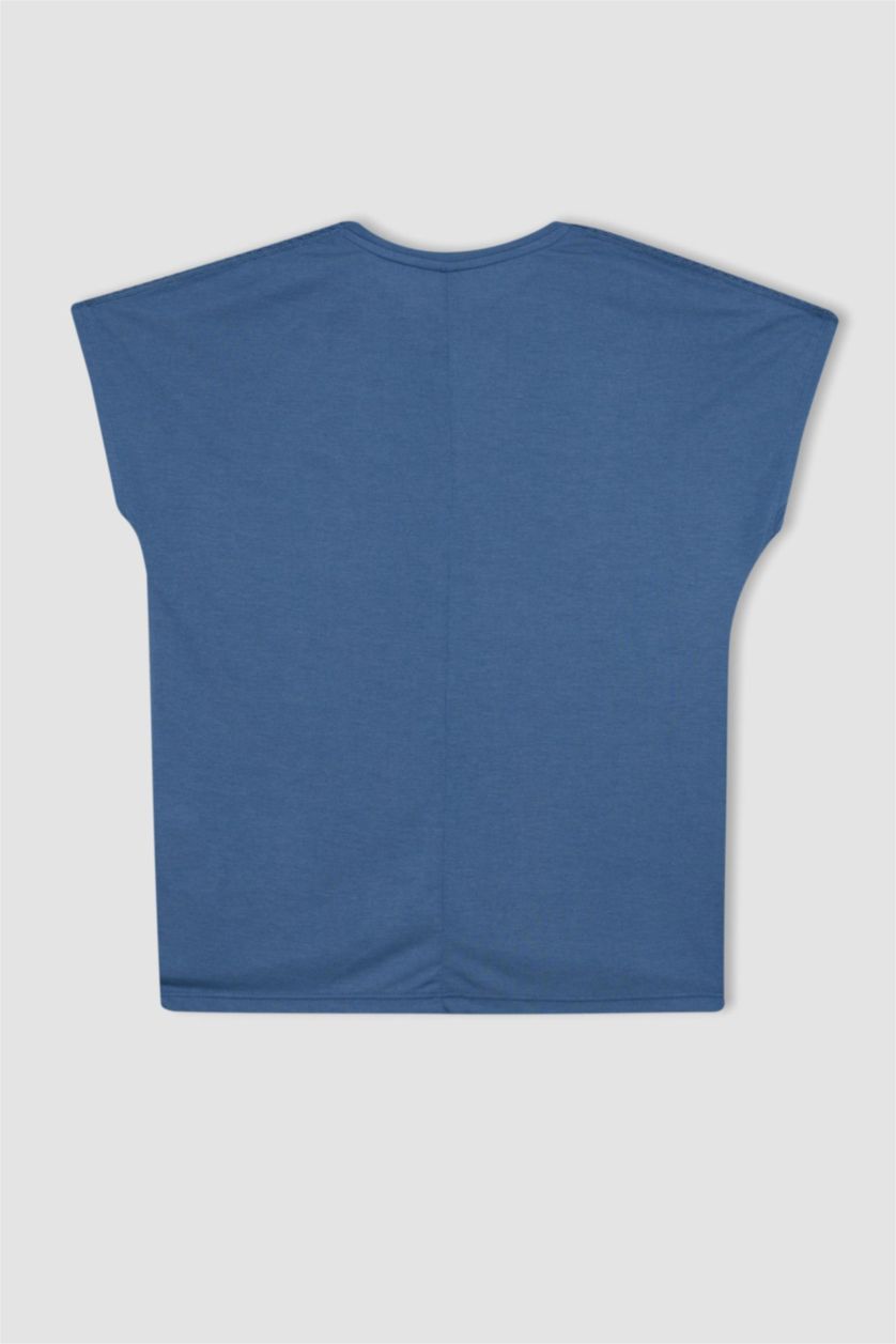 نساء أزرق تيشيرت نص كم ورقبة مستديرة