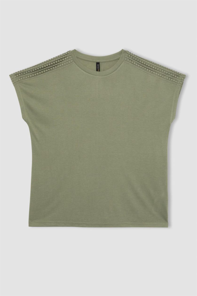 Kadın Haki Bisiklet Yaka Kısa Kollu Tişört