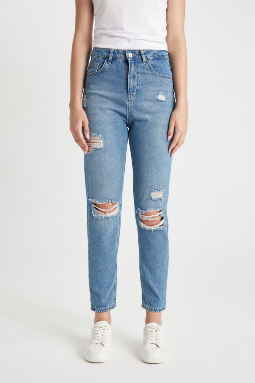 FEMME Bleu Pantalon Mom Jean Délavé Taille Haute avec Détail Déchiré