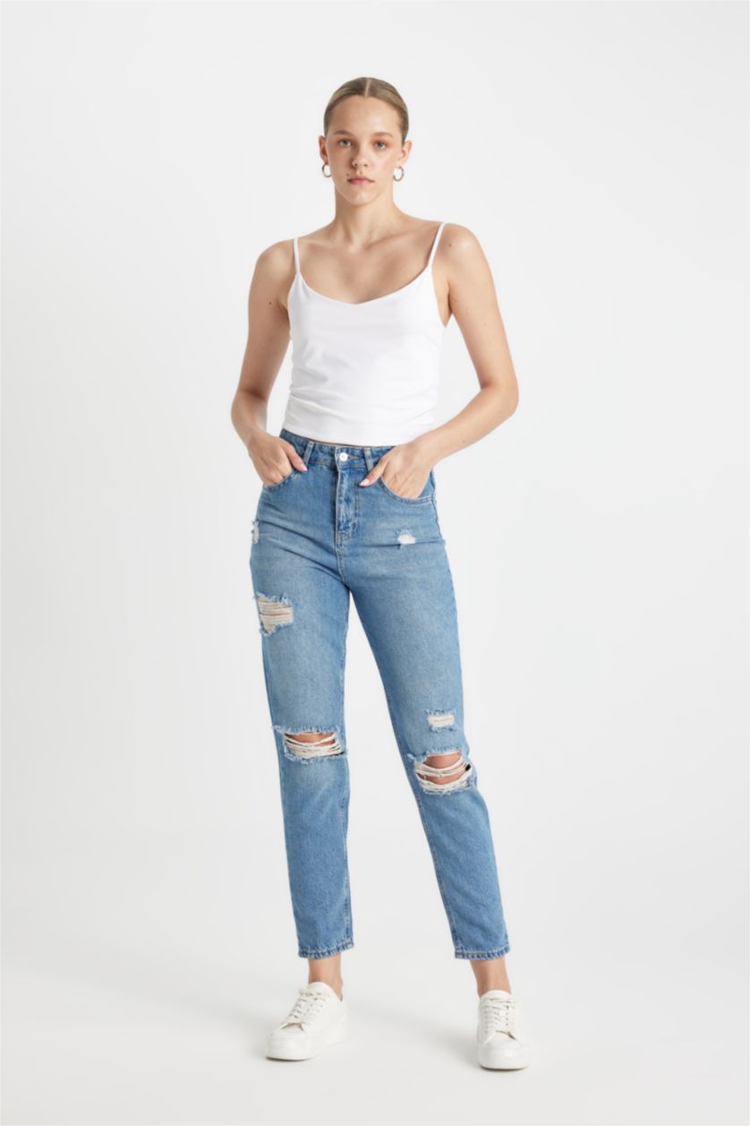 FEMME Bleu Pantalon Mom Jean Délavé Taille Haute avec Détail Déchiré