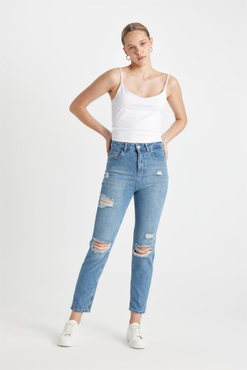 FEMME Bleu Pantalon Mom Jean Délavé Taille Haute avec Détail Déchiré