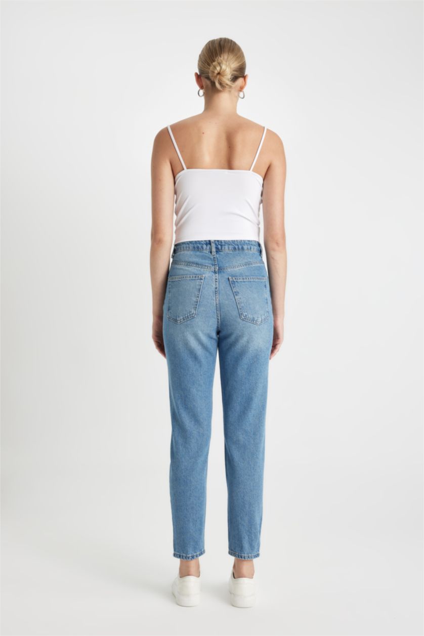 FEMME Bleu Pantalon Mom Jean Délavé Taille Haute avec Détail Déchiré