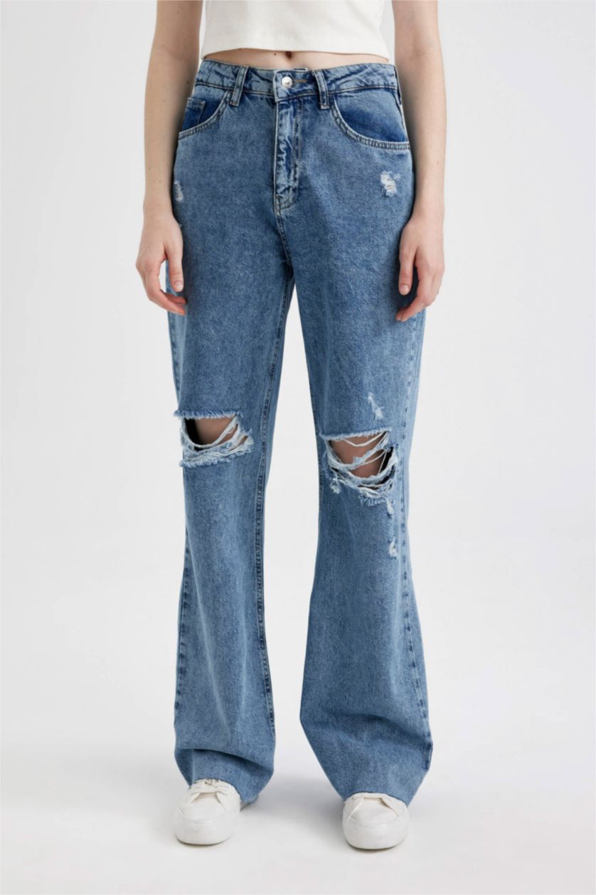 نساء أزرق بنطرون جينز برجل واسع وايد ليج ممزق وخصر عالي