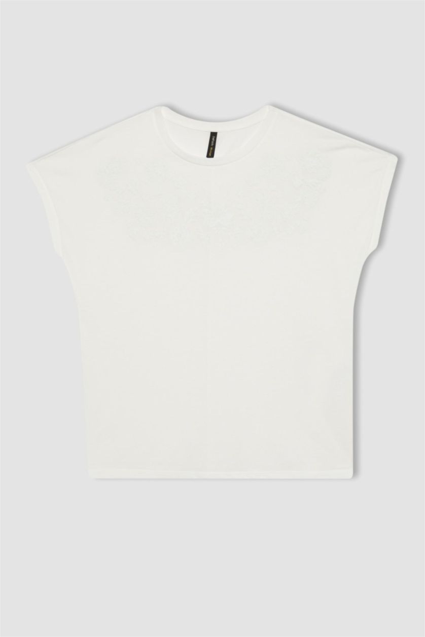 نساء بيج فاتح تيشيرت نص كم قطن قصة عادية مطبوع