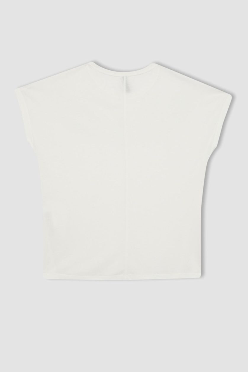 نساء بيج فاتح تيشيرت نص كم قطن قصة عادية مطبوع