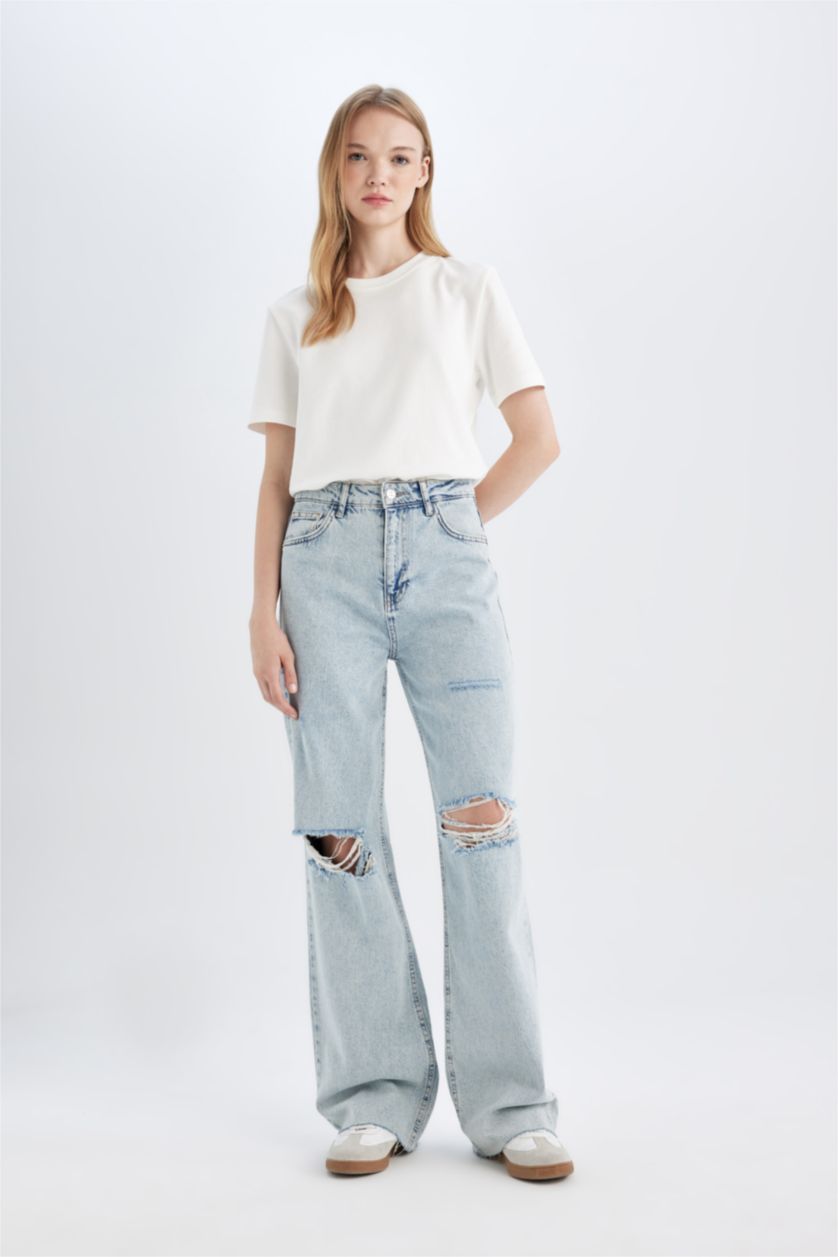 نساء أزرق فاتح سروال جينز واسع برجل واسع وخصر عالي وخافة ممزقة