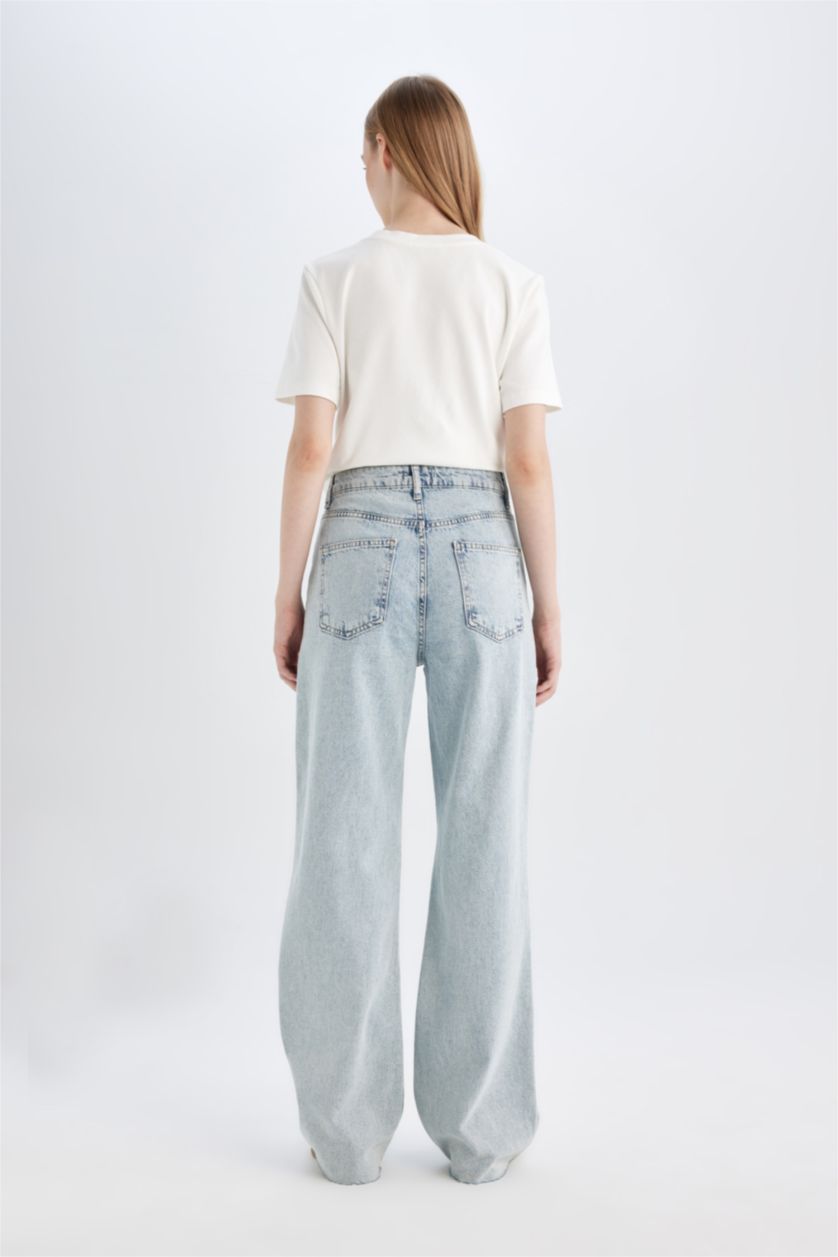 نساء أزرق فاتح سروال جينز واسع برجل واسع وخصر عالي وخافة ممزقة