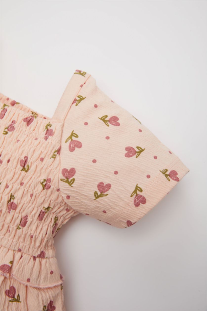 Baby Girl Light Pink Regular Fit Flower Short Sleeve Knitted Dress