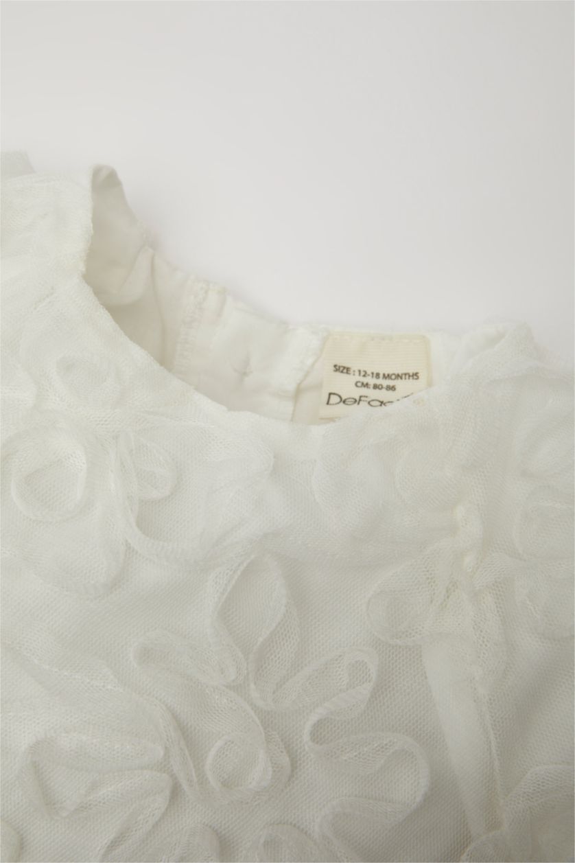 طفلة صغيرة بيج فاتح فستان بناتي تول قصة عادية نص كم بياقة مستديرة