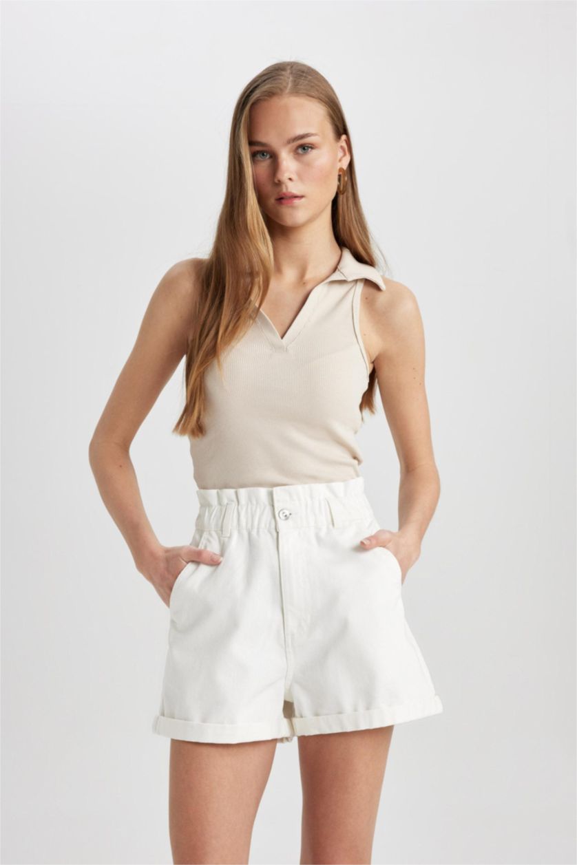 WOMAN White Paperbag Fit Denim High waist Folded Leg Shorts