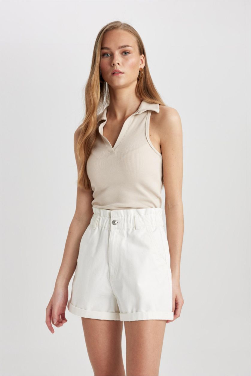 WOMAN White Paperbag Fit Denim High waist Folded Leg Shorts