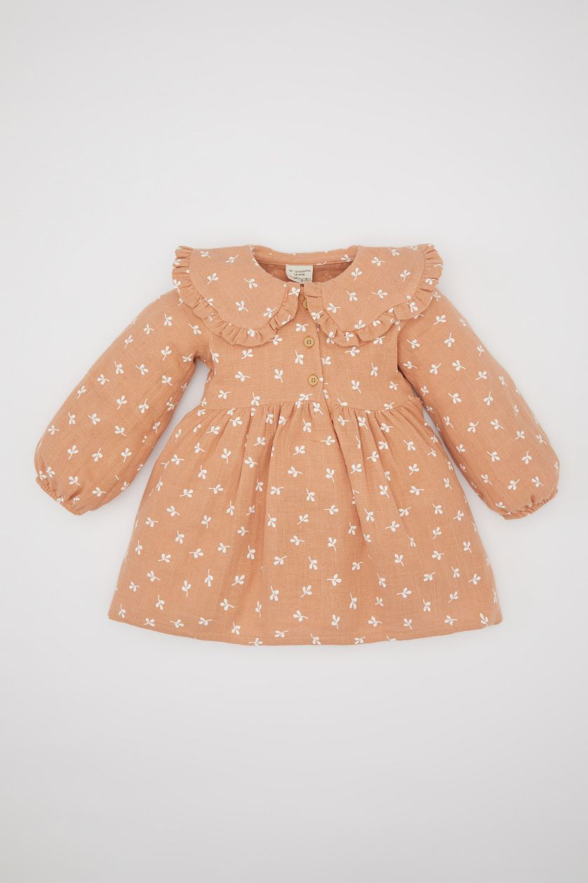 Baby Girl Light Brown Baby Girl Floral Long Sleeve Muslin Dress