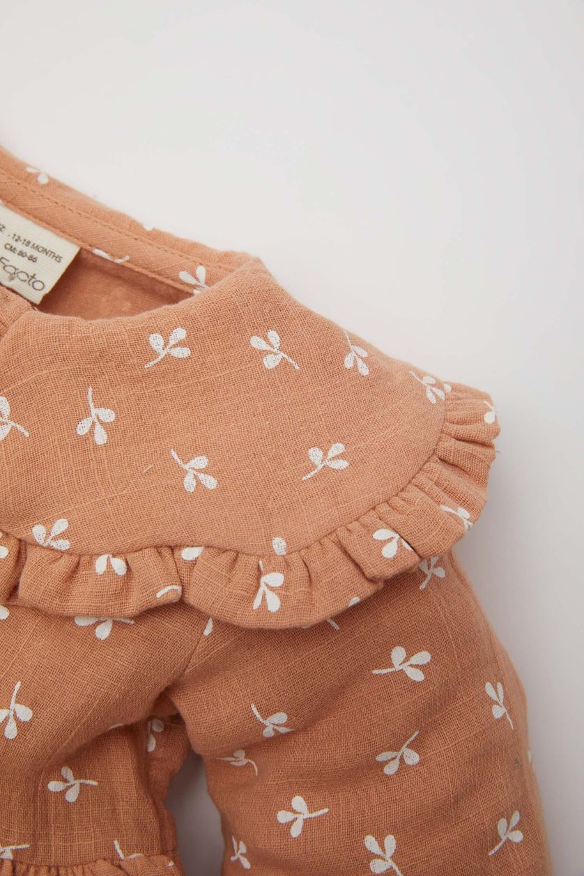 Baby Girl Light Brown Baby Girl Floral Long Sleeve Muslin Dress