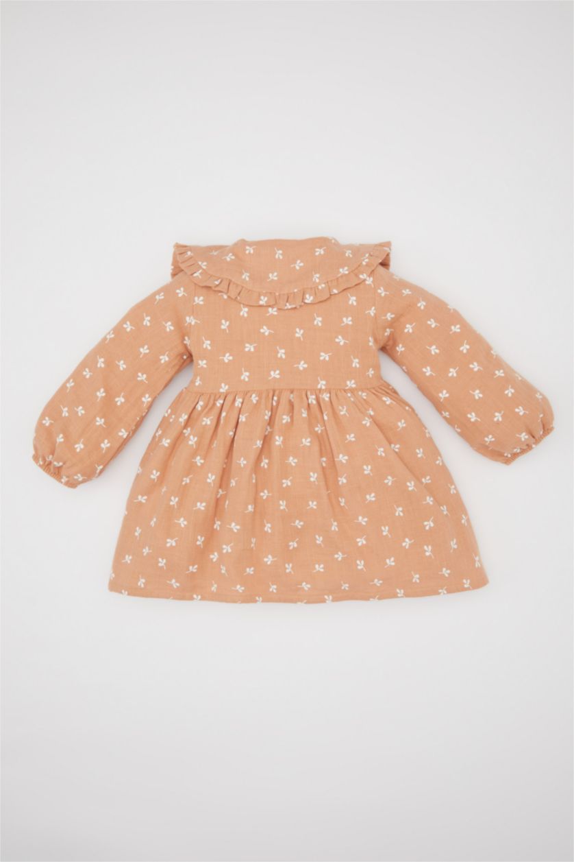 Baby Girl Light Brown Baby Girl Floral Long Sleeve Muslin Dress
