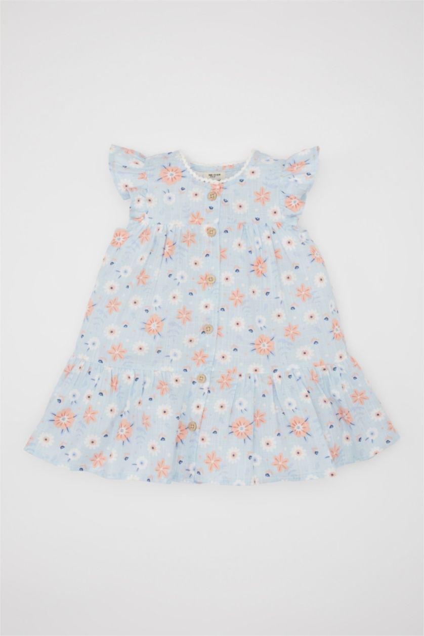 BABY GIRL Light Blue Baby Girl Floral Short Sleeve Poplin Dress