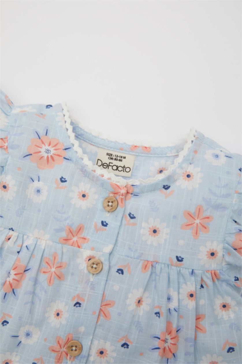 BABY GIRL Light Blue Baby Girl Floral Short Sleeve Poplin Dress