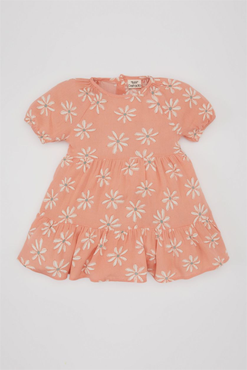 BABY GIRL Salmon Baby Girl Floral Short Sleeve Crinkle Viscose Dress