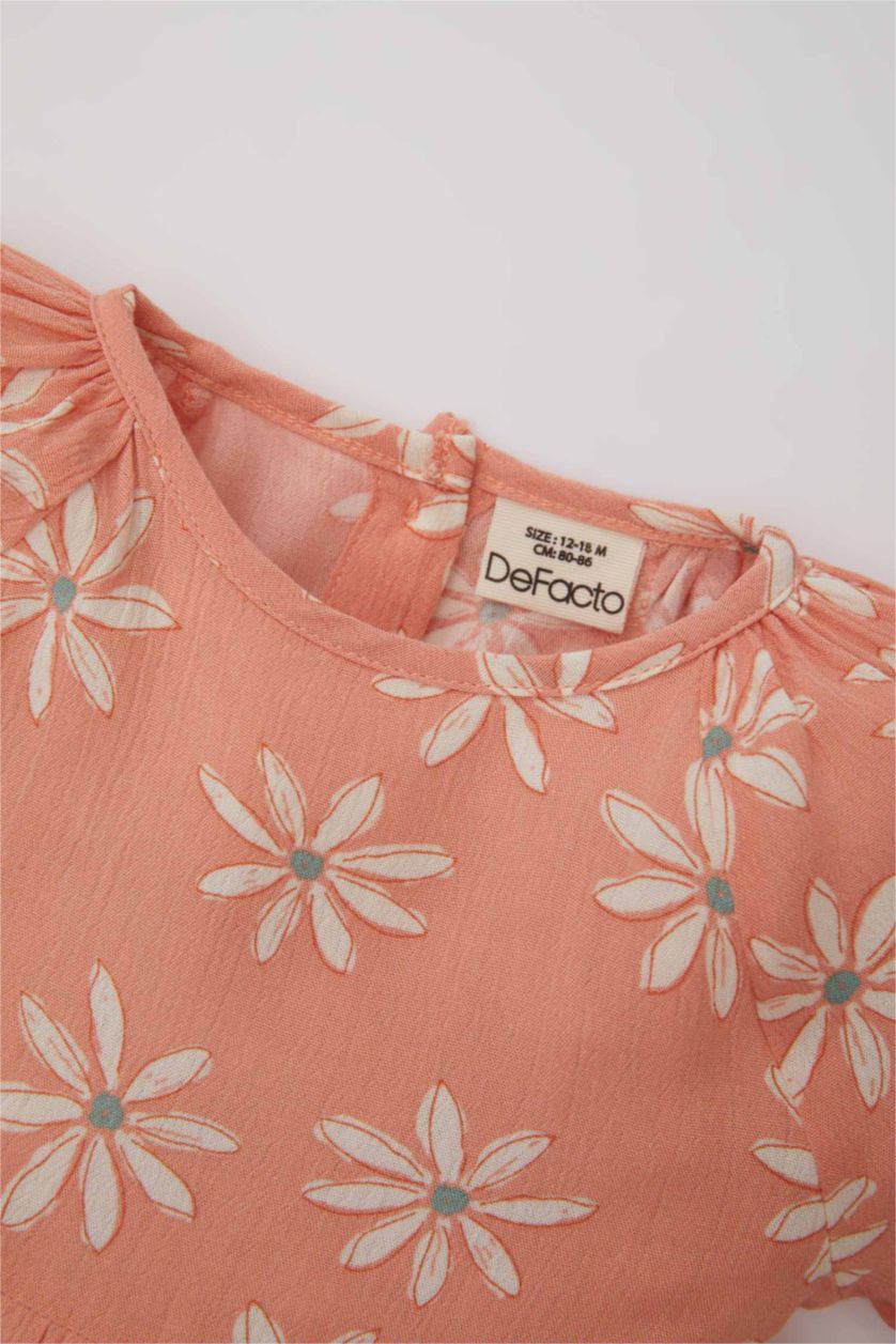 BABY GIRL Salmon Baby Girl Floral Short Sleeve Crinkle Viscose Dress