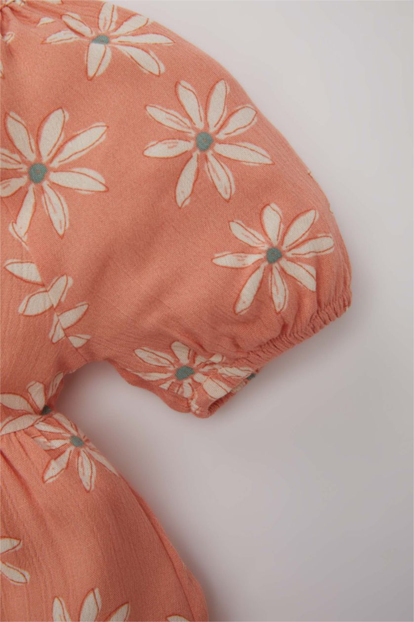 BABY GIRL Salmon Baby Girl Floral Short Sleeve Crinkle Viscose Dress