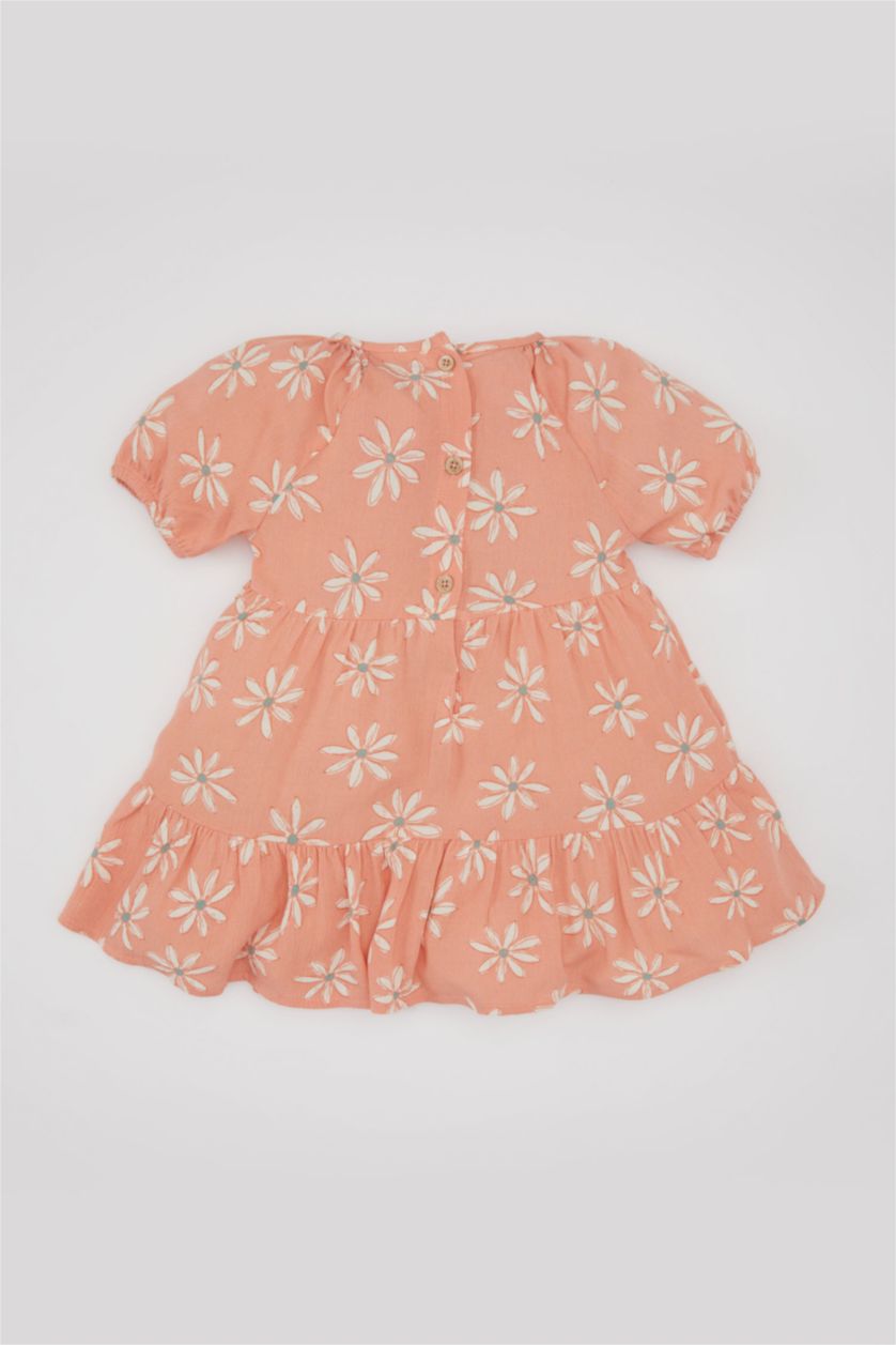 BABY GIRL Salmon Baby Girl Floral Short Sleeve Crinkle Viscose Dress