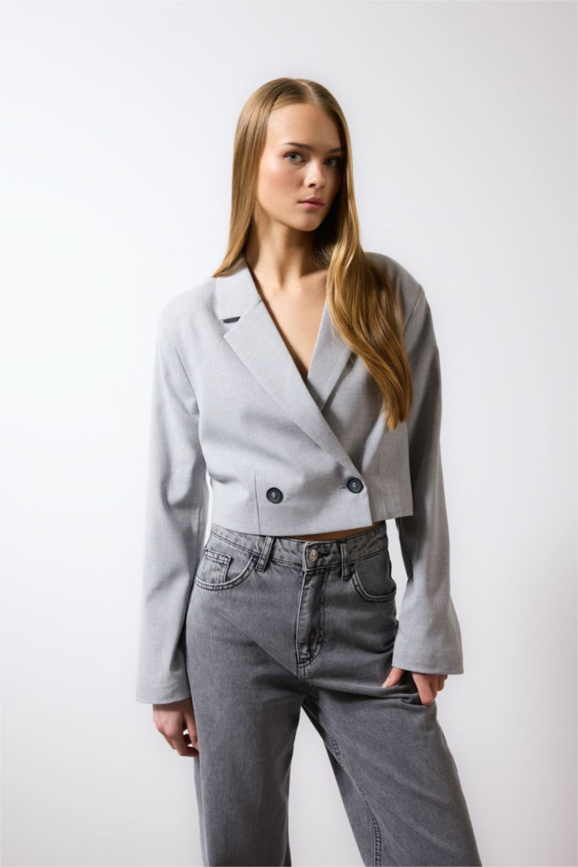 Kadın Açık Gri Melange Cropped Fıt Blazer Ceket
