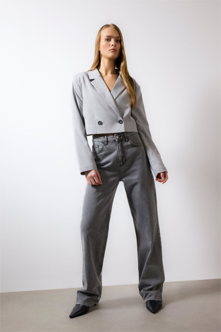 Kadın Açık Gri Melange Cropped Fıt Blazer Ceket