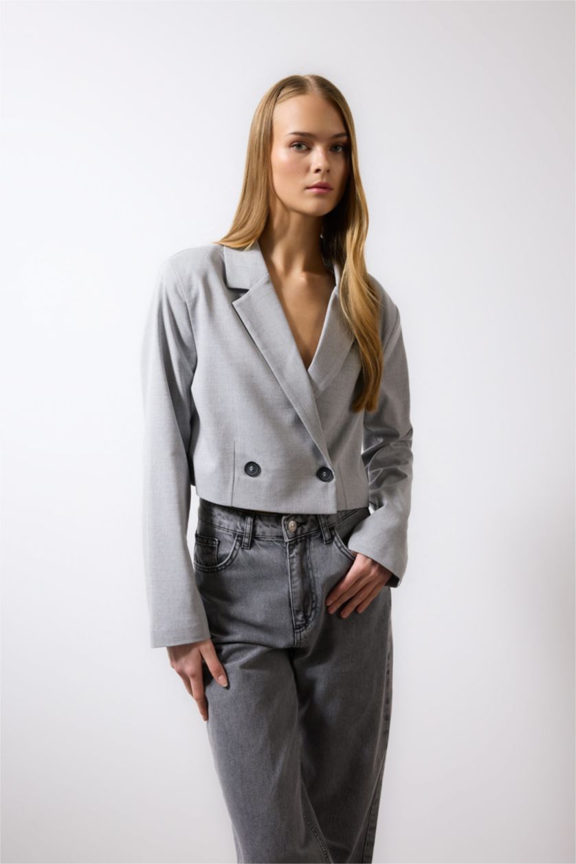 Kadın Açık Gri Melange Cropped Fıt Blazer Ceket