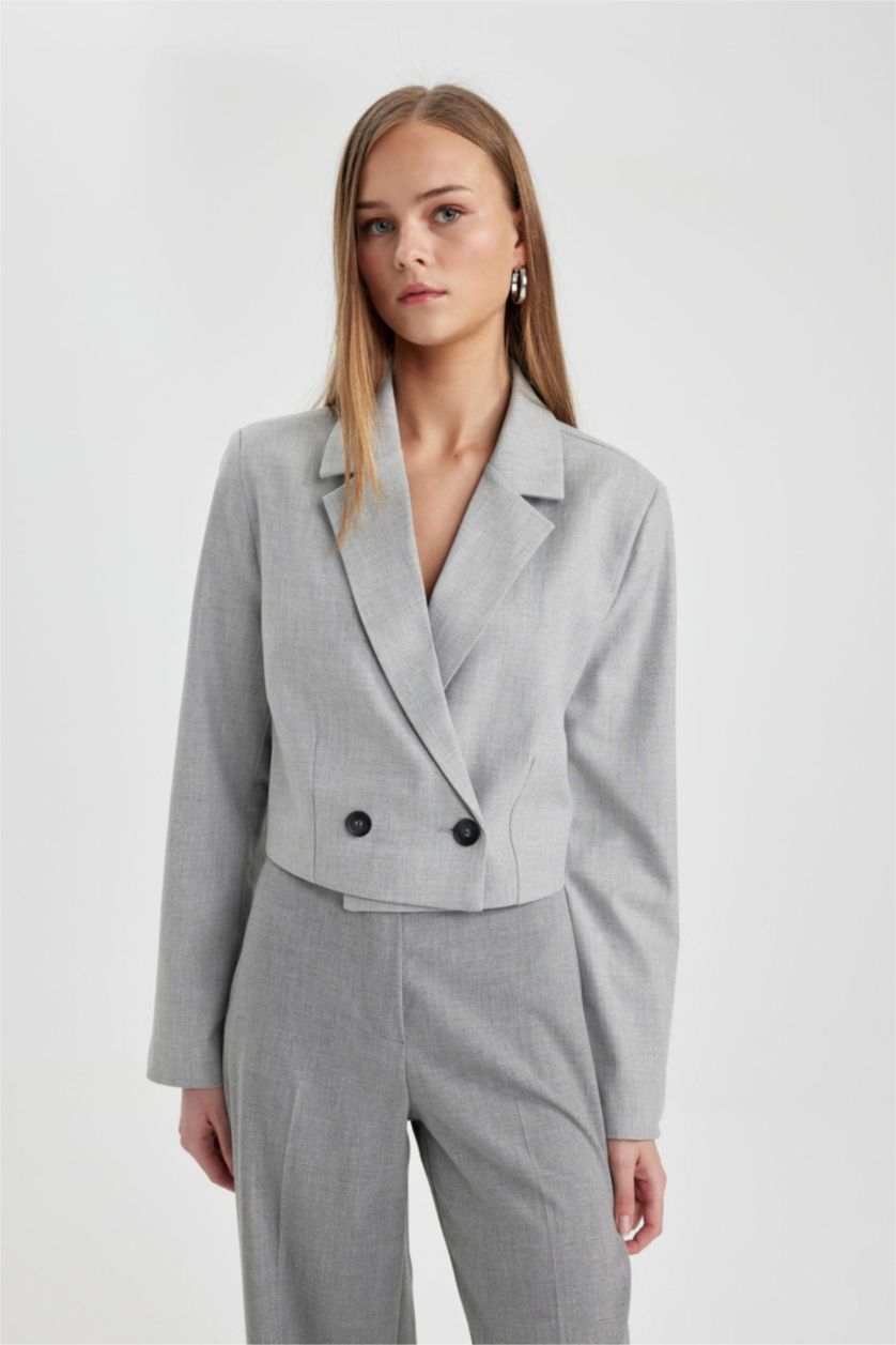 Kadın Açık Gri Melange Cropped Fıt Blazer Ceket