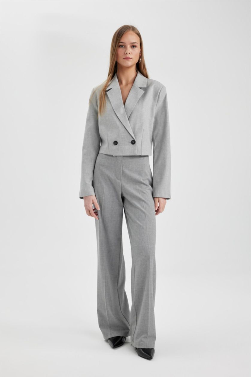 Kadın Açık Gri Melange Cropped Fıt Blazer Ceket