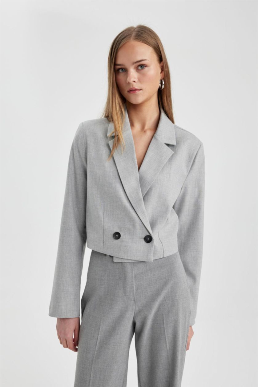 Kadın Açık Gri Melange Cropped Fıt Blazer Ceket