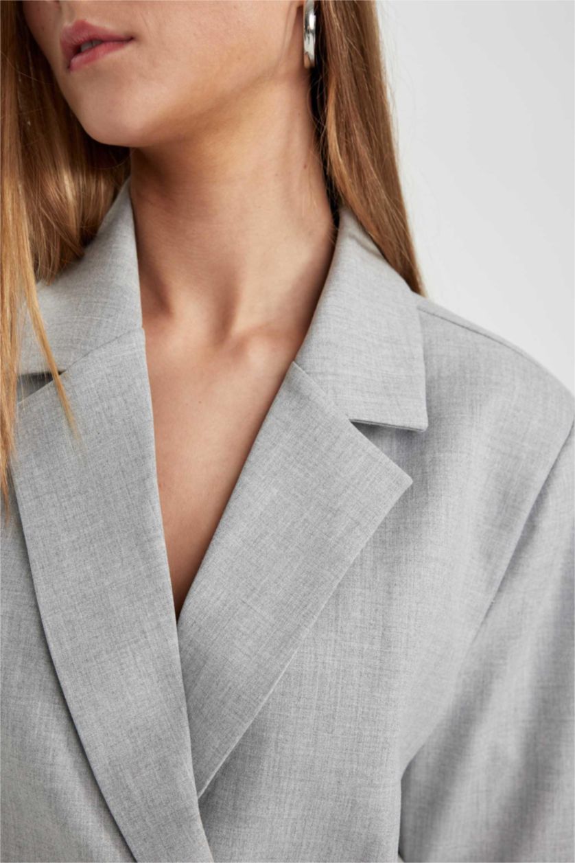 Kadın Açık Gri Melange Cropped Fıt Blazer Ceket
