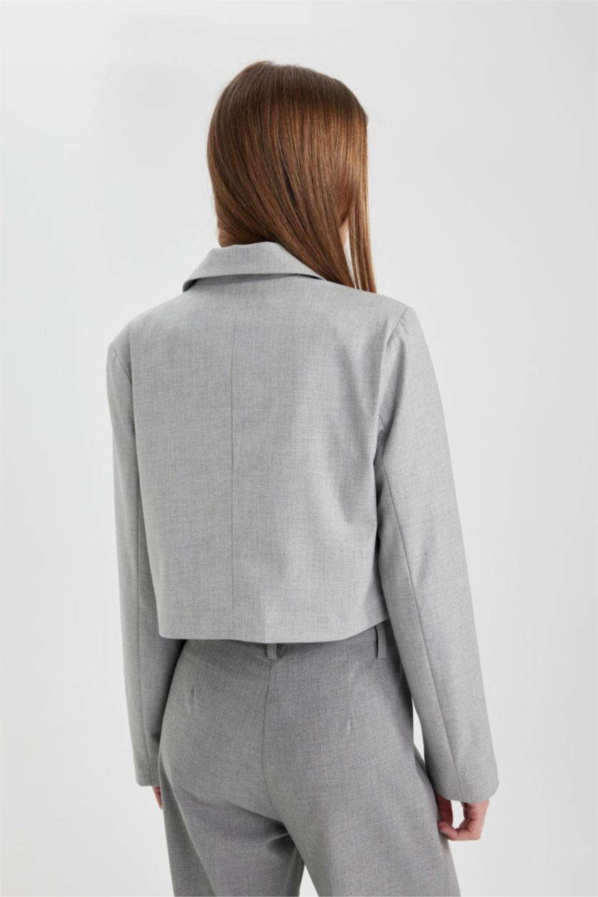 Kadın Açık Gri Melange Cropped Fıt Blazer Ceket