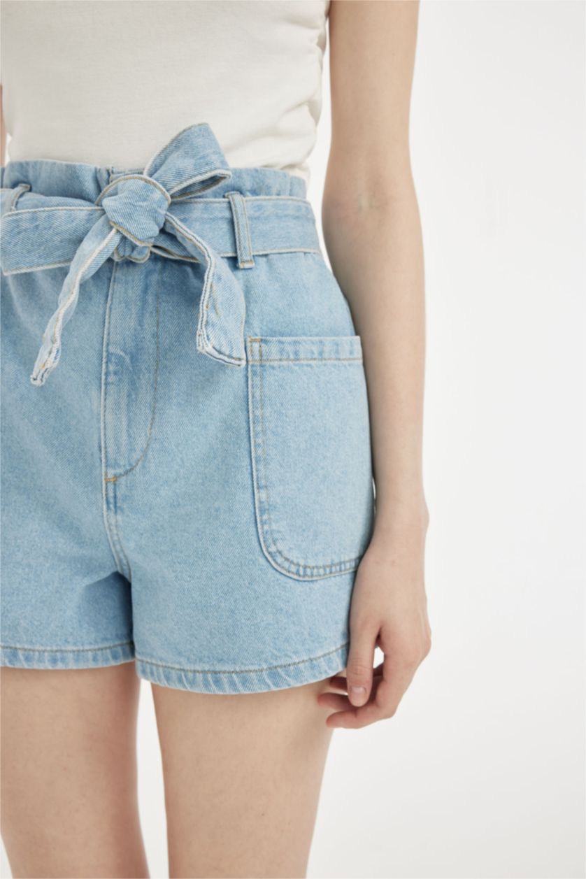 Kadın Açık Mavi Paperbag Yüksek Bel Jean Şort